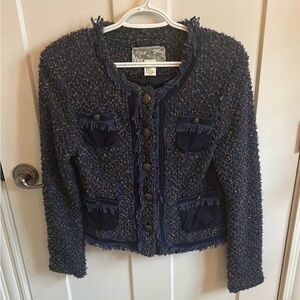Chanel-Style Nick & Mo Blue Tweed Blazer with Fringe, size M